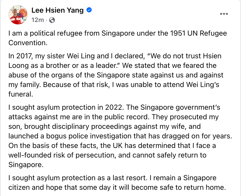 Lee Hsien Yang political refugee